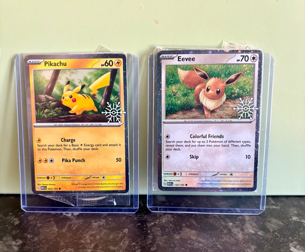 Pokémon 151 Holiday Calendar — Pikachu 025/165 & Eevee 133/165 Snowflake Promo